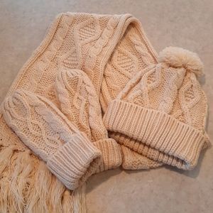 Cable Knit Winter Hat, Scarf, & Mittens Set in Cream Color